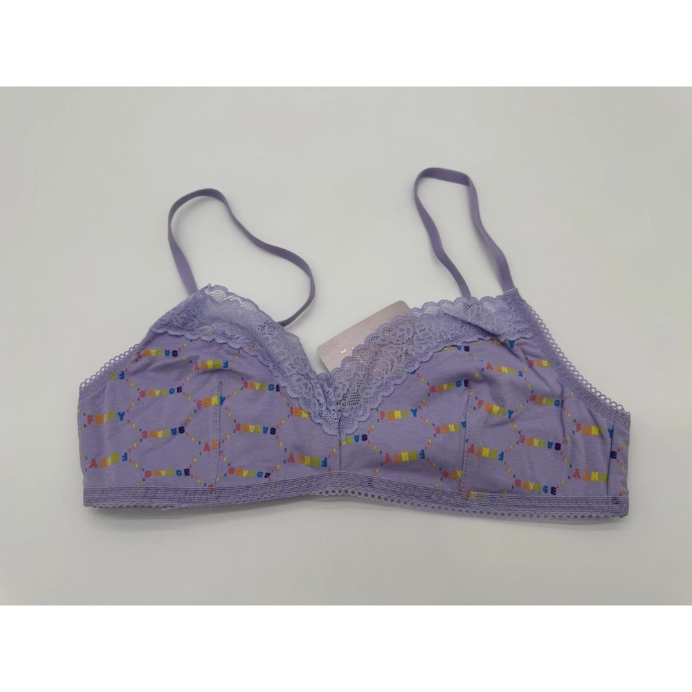 Savage X Fenty Bralette Purple Lace Trim Logo Print Wireless Bra Size M NWT